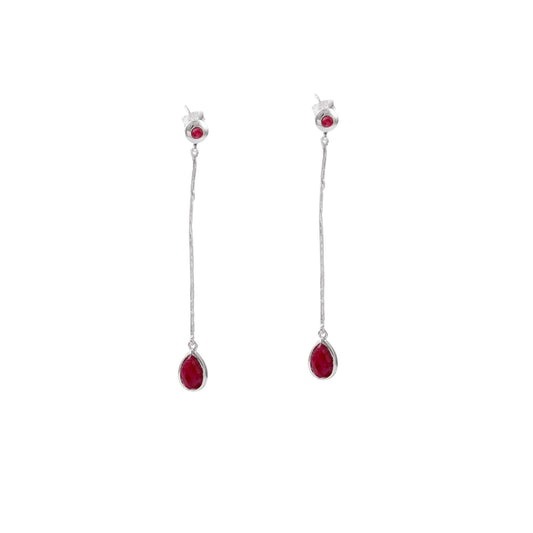 Silver Finish Long Drop Earring with Red Stone Bead Silver Earring