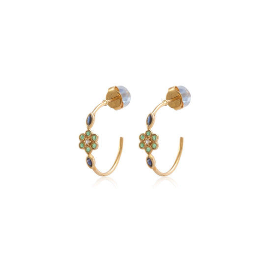 Multi Gemstone Floral Shaped Opened Hoop Gold Shiny Silver Earing