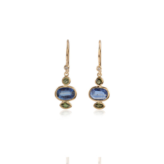 Oval Blue Stone and Green Accent Stone Gold Tone Drop Silver Earring