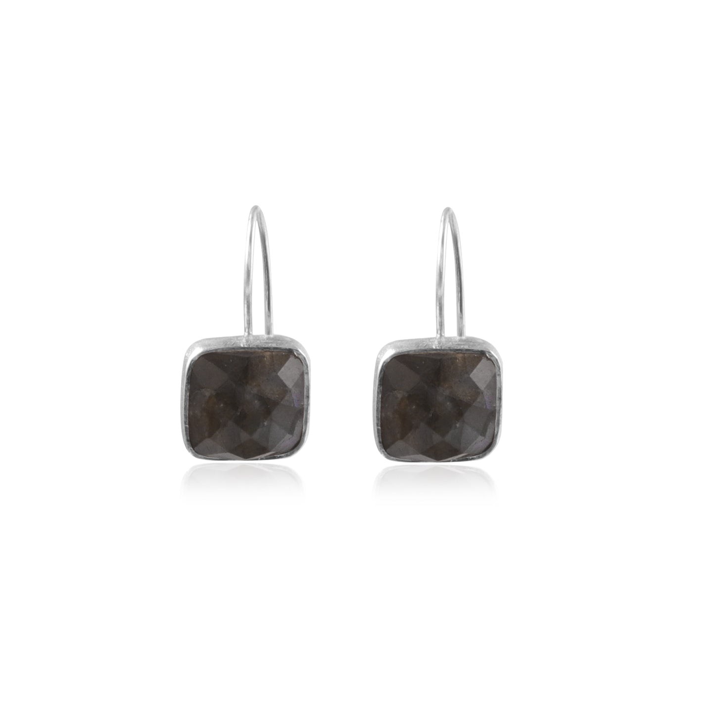 Smokey Single Stone Square Shaped Drop Silver Earring