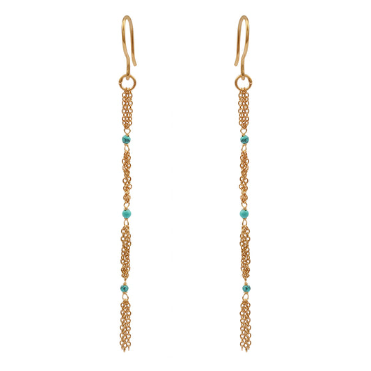 Minimal Turquoise Beaded Long Chain Dangle Earring in Gold Plated Silver With French Hook