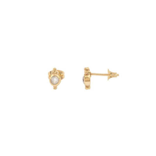 Natural Moonstone Round Cabochon Stud Earring in Gold Plated Silver with Push Back Closure Silver Earring