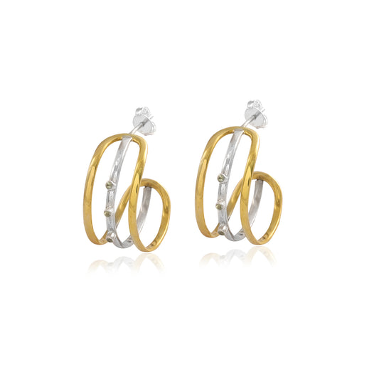 Multi Gemstone Multi Band 2-tone Shiny Silver Earring