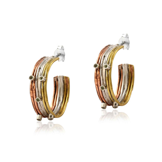 Gemstone 2 Tone Silver Hoops Earring  made with 925 Sterling Silver