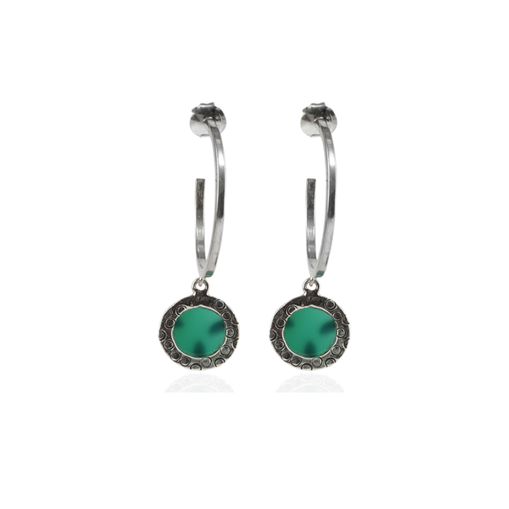 Open Hoop Green Onyx Stone Shiny Silver Earring with 925 Sterling Silver