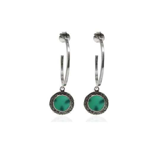 Open Hoop Green Onyx Stone Shiny Silver Earring with 925 Sterling Silver