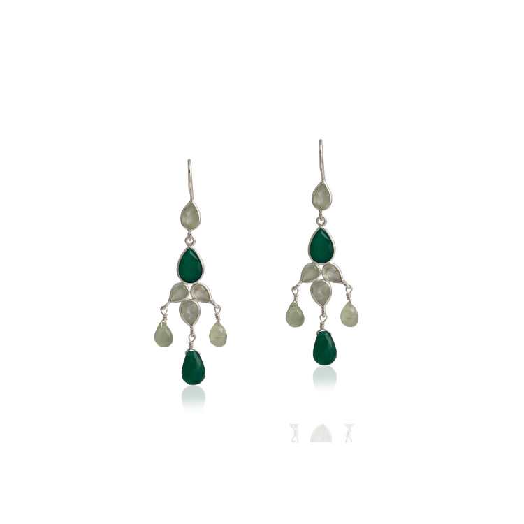 Natural Labradorite and Green Onyx Pear Shape Bezel Set Dangle Silver Earring