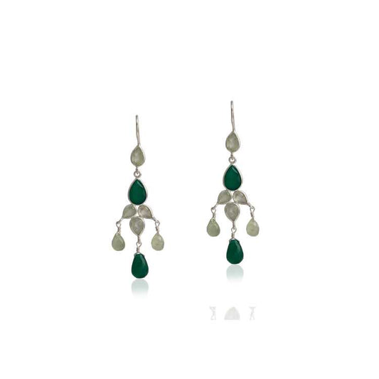 Natural Labradorite and Green Onyx Pear Shape Bezel Set Dangle Silver Earring