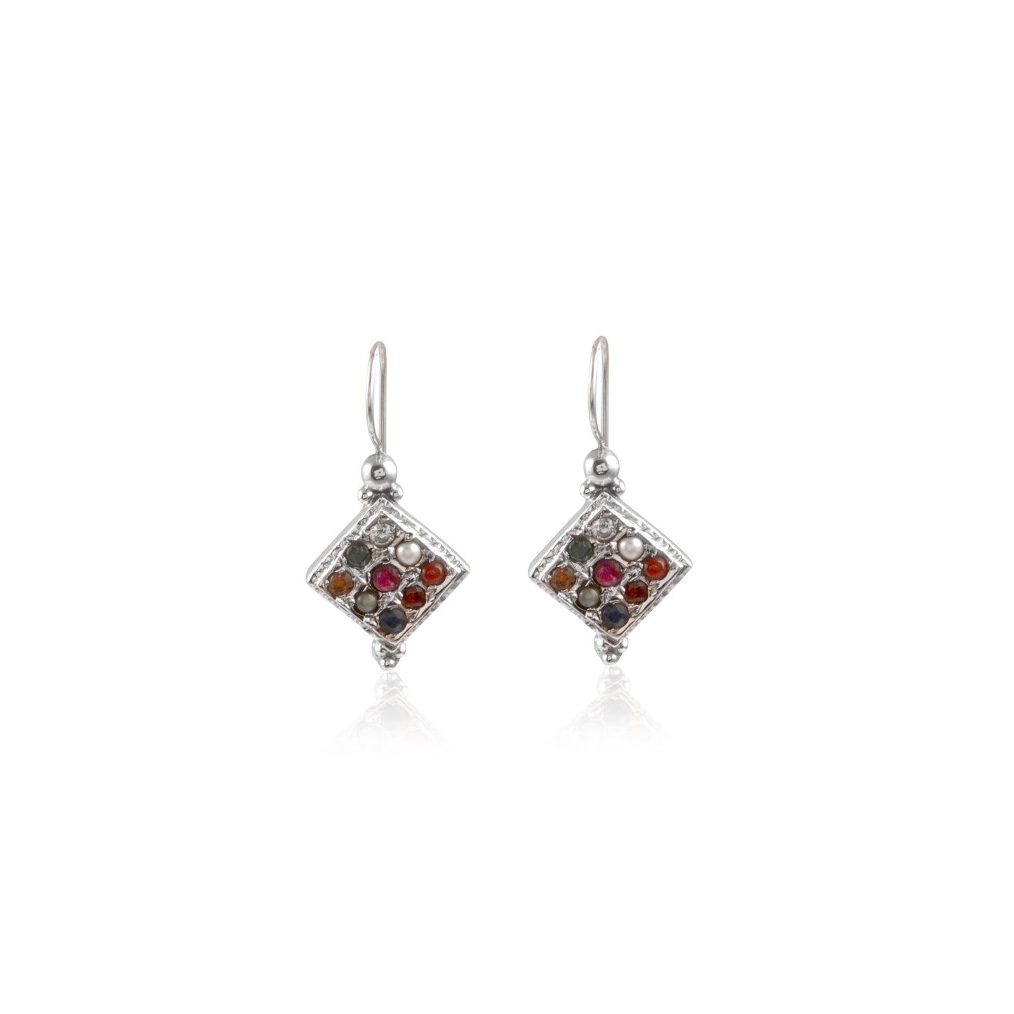 Multi Stone Diamond Shaped Hook Drop Silver Earring