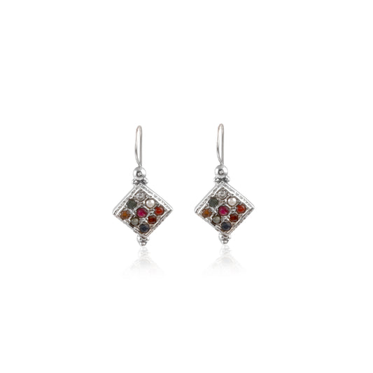 Multi Stone Diamond Shaped Hook Drop Silver Earring