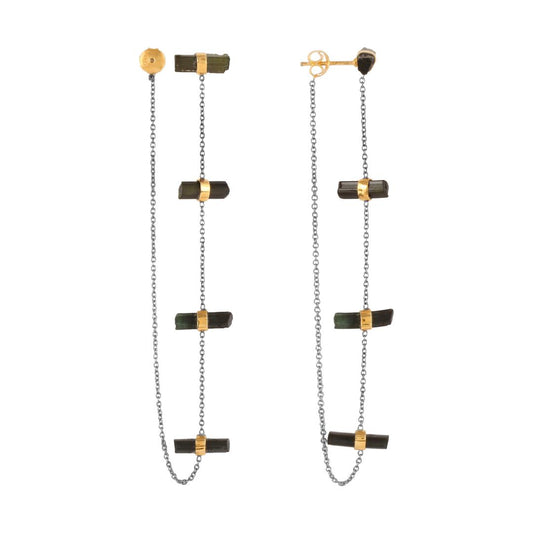 Green Tourmaline Plain Stone studded Long Chain Silver Earring
