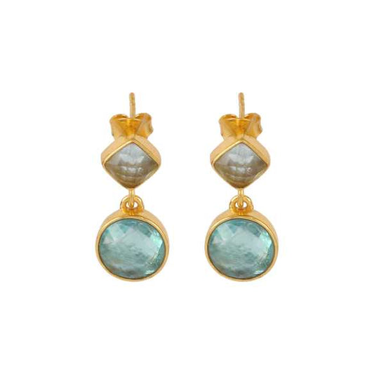 Gold Finish Smokey and Blue Stone Oval Drop Silver Earring