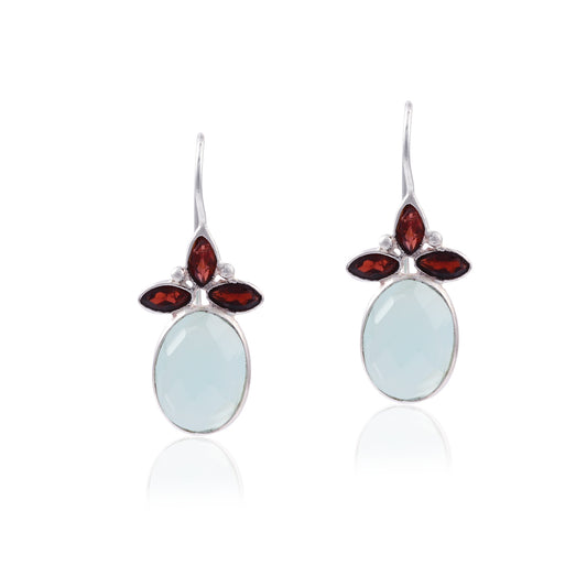 Silver Finish Garnet Marquise with Blue Chalcedony Oval Dangle Silver Earring