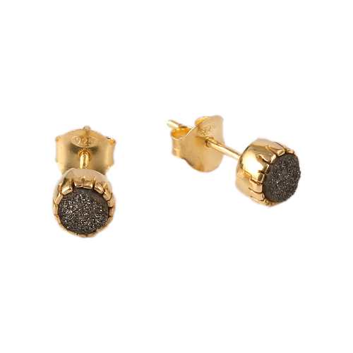 Black Druzy Round Stud Earring in Gold Plated Silver with Push Back Closure Silver Earring