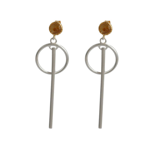 Silver Finish Stud Earring with Circular Frame and Long Bar Drop Silver Earring