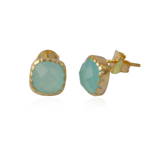 Blue Chalcedony Cushion Cut Bezel Set Stud Earring with Push Back in Gold Finish Earring
