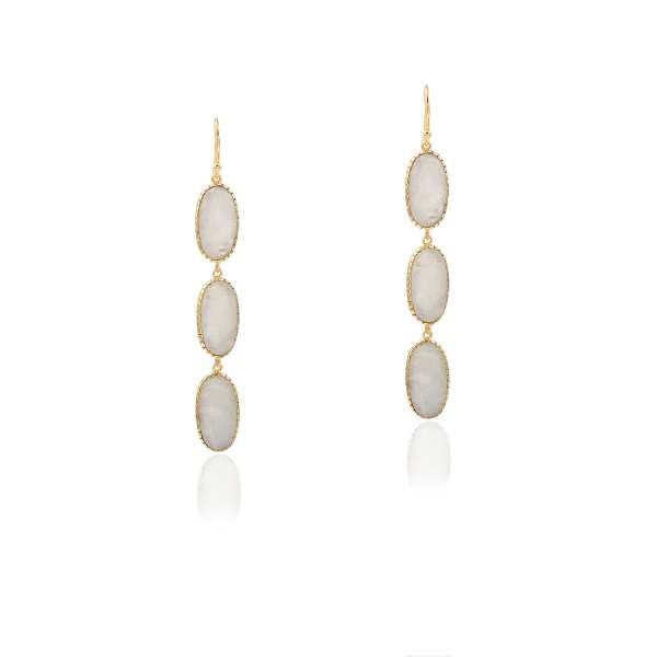 White Chalcedony Oval Carbochon Bezel Set Long Dangle Silver Earring