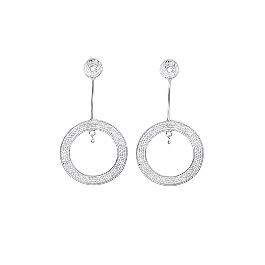 Long Drop Hollow Disk Shaped Shiny Silver Earring for Party wear