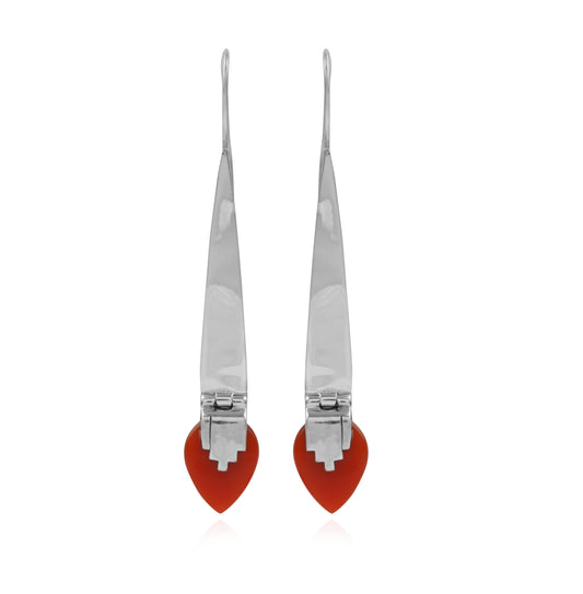Long White Blade Drop Earrings with Red Heart Accent Silver Earring
