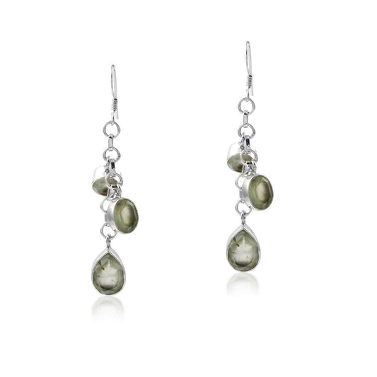 Bezel Multi Gemstone Long Chain Teardrop Stone Silver Earring