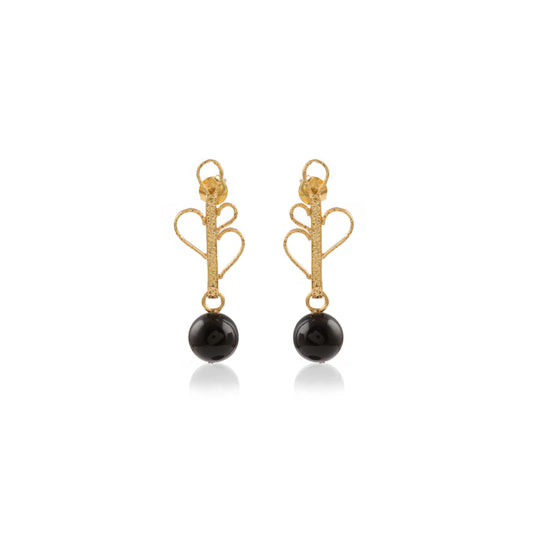 Gold Tone Heart Wire Drop Earring With Dark Black Bead Silver Earring