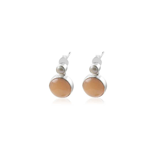 Peach Moonstone Oval-round Dangle Multi Stone Stud Silver Earring