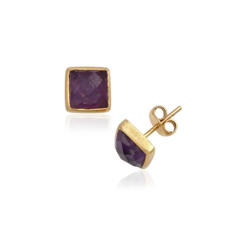 Amethyst Square Faceted Bezel Set Stud Earring with Push Back in Gold Finish Earring