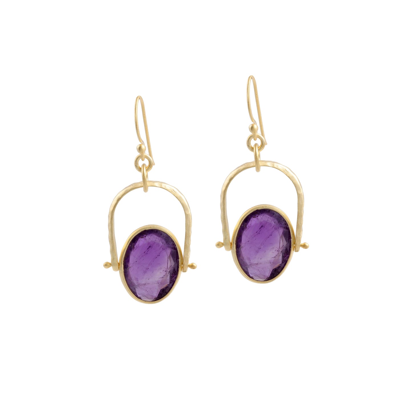 Bezel Stone Purple Oval Stone Drop Silver Earring with Gold Tone Frame