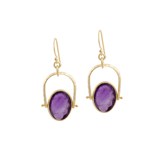 Bezel Stone Purple Oval Stone Drop Silver Earring with Gold Tone Frame