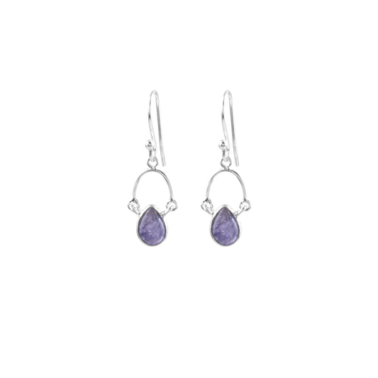 Oval Shaped Stone with Blue Teardrop Drop Silver Earring