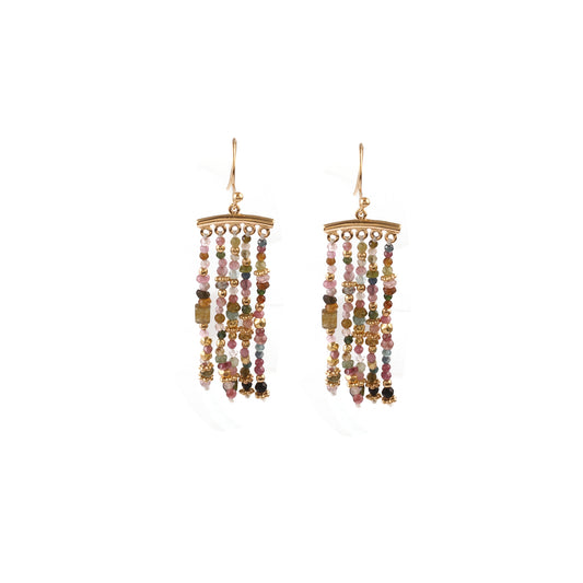 Multi Stone Beaded Chandelier Tassel Earring with Natural Gemstone Fringe in Gold Plated Silver Earring