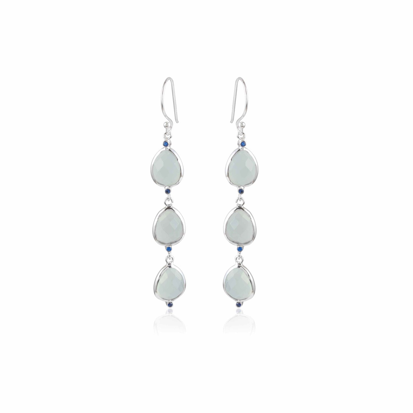 White Teardrop Stone Long Hook Earrings with Blue Accent Beads