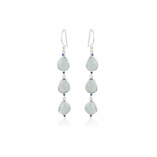 White Teardrop Stone Long Hook Earrings with Blue Accent Beads
