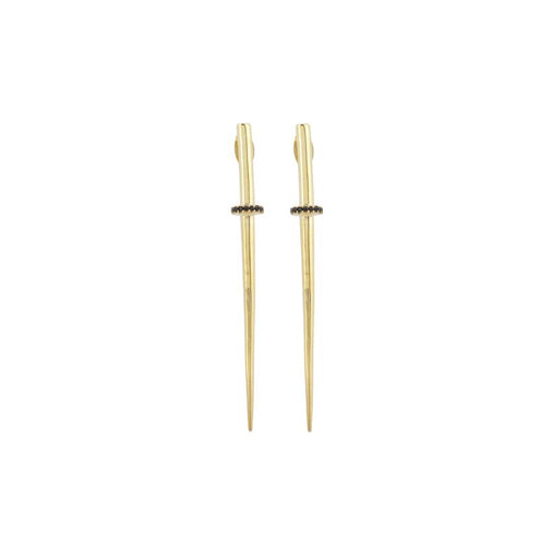Black Bead Accent Gold -Tone Long Bar wire Hook Silver Earring